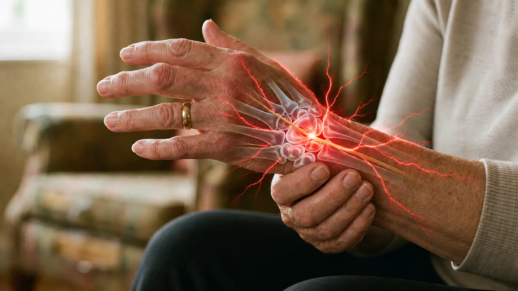 Close-up of arthritic hands showing swollen knuckles and joint pain