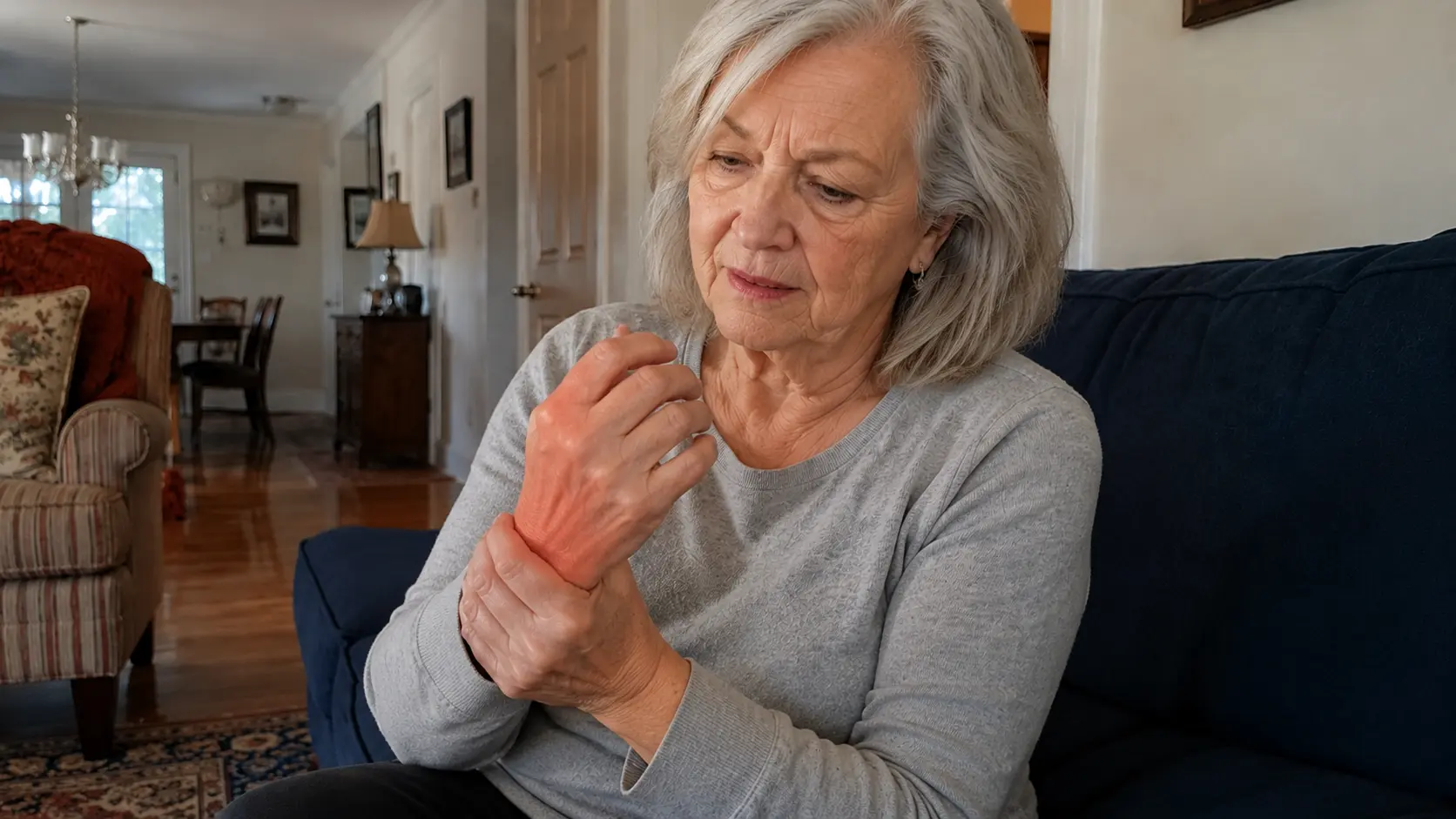 Elderly woman looking at her arthritic hands at kitchen table