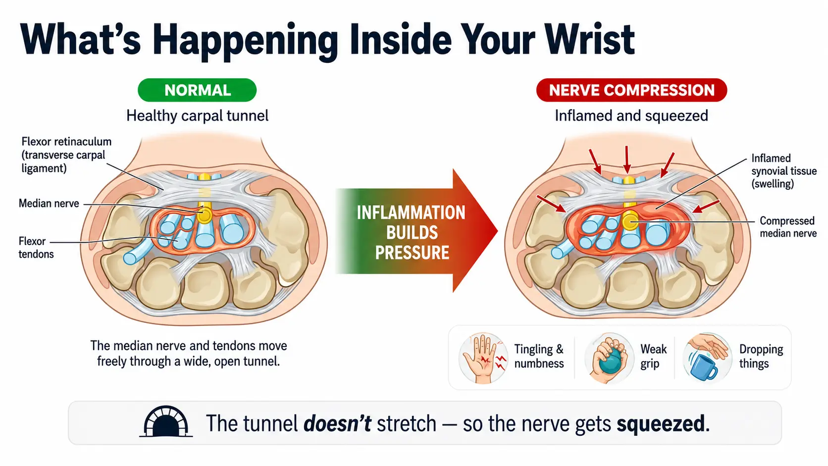 Medical textbook diagram of carpal tunnel cross-section showing nerve compression